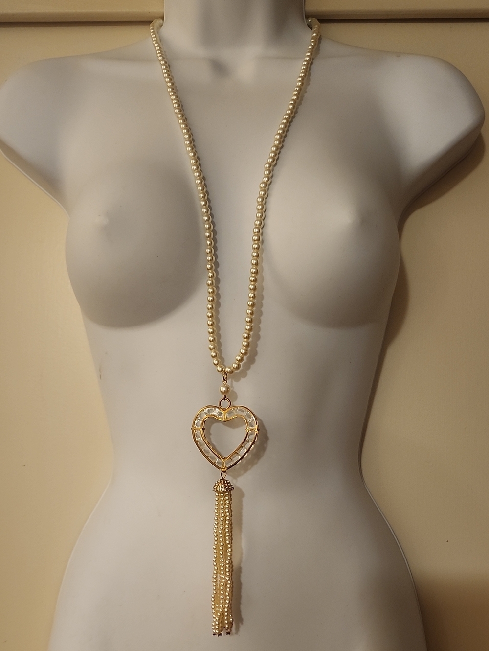 Neiman marcus Gold Crystal Heart And Pearl Tassel Long Necklace